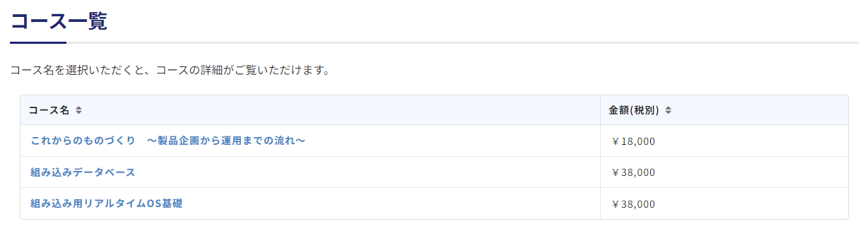 「eラーニングコースを探す」各ページ内に掲載されている「コース一覧」
